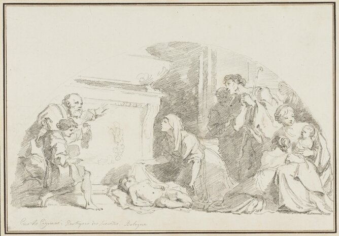 A black and white drawing of a kneeling woman with arms open, with one hand holding a cloth on which a nude boy lies. She looks at a bearded man accompanied by a young boy approaching, while figures witness to the viewer's right