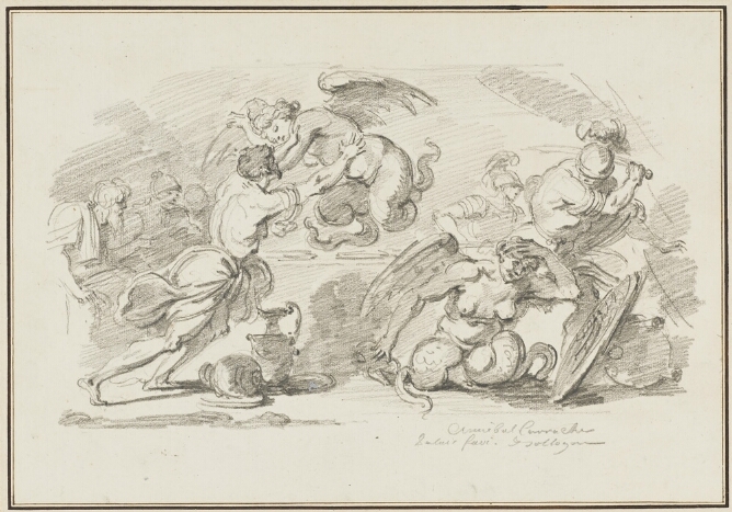A black and white drawing of a standing man pushing away a flying half-woman winged creature, while another standing man wearing a helmet raises a sword towards a cowering, half-woman winged creature on the ground