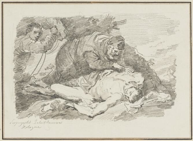 A black and white drawing of a bearded man in a hat kneeling over and tending to a partially nude man lying on the ground. A figure in the background looks towards the viewer