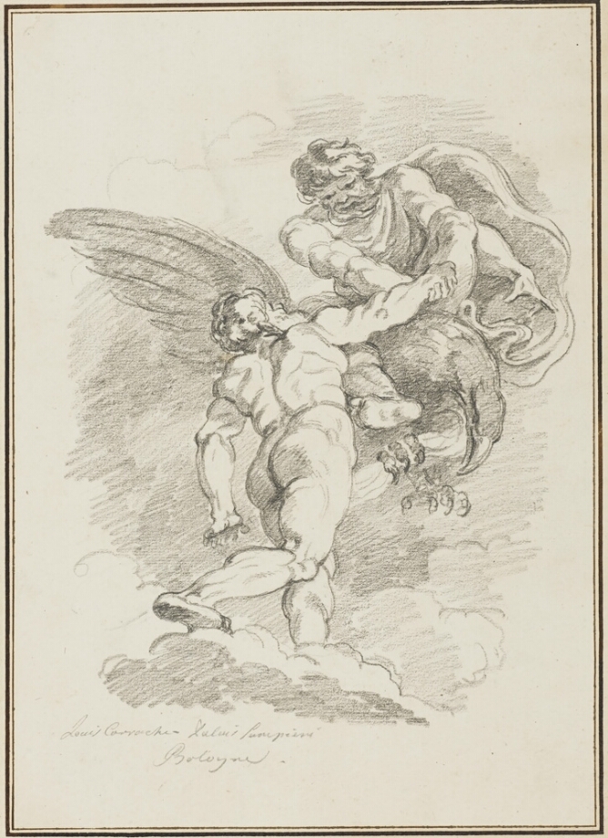 A black and white drawing of a muscular nude man standing on a cloud with his back turned to the viewer. He reaches out and grabs the hand of a bearded man sitting on a large bird and reaching towards him