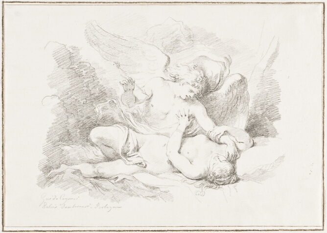A black and white drawing of a curly-haired winged figure shown from the chest up holding an arrow in his right hand, leaning over a partially nude woman lying down. The woman touches the figure's chest with her left hand and wraps her right arm around his left arm, touching her shoulder
