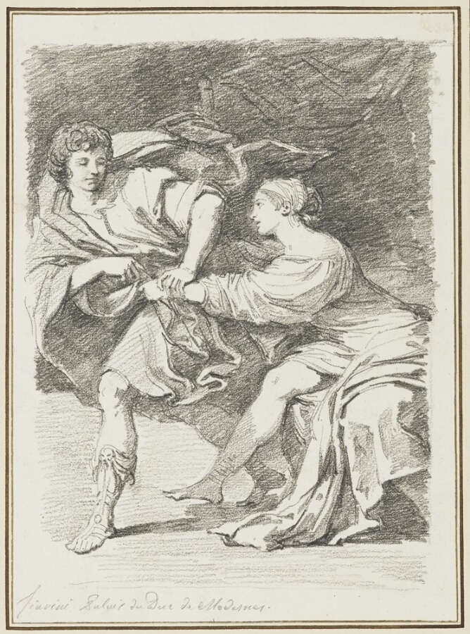 A black and white drawing of a seated woman in draped clothing pulling the cloak of man standing with his left leg forward and right leg back. He tries to pull her hand away