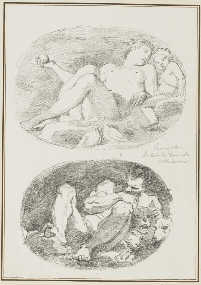A sheet of two black and white drawings. At the top, a seated nude woman leans back holding a circular object in her right hand and looks towards a child to her left. Below, a seated nude muscular man leans back, touching his beard with his right hand and the head of one of three dogs with his left