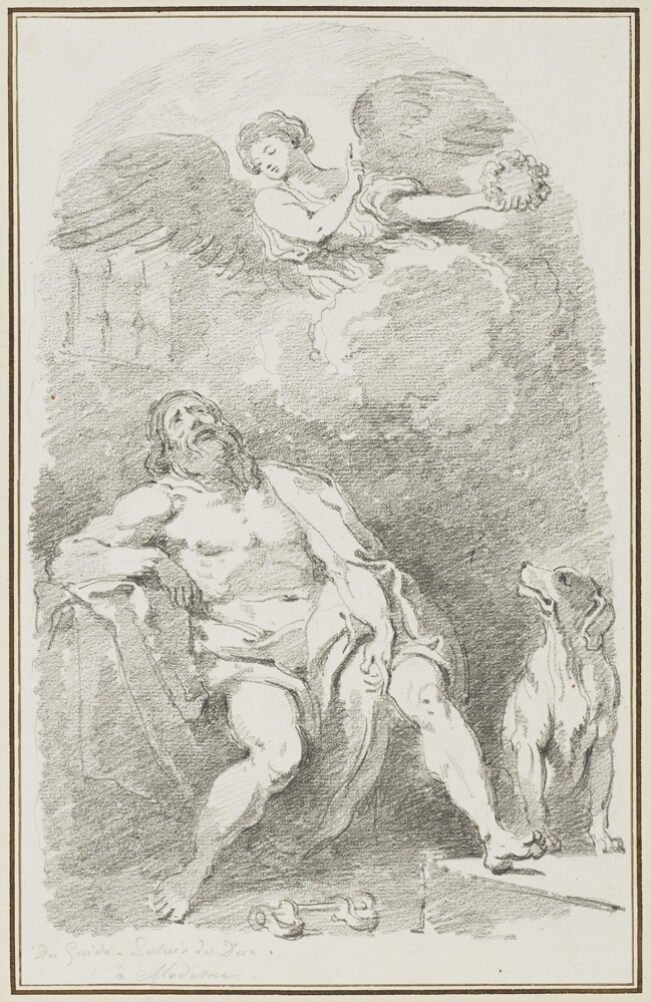 A black and white drawing of a seated partially nude man looking up at an angel holding a wreath with her left hand and pointing up with her right. A dog sits beside him