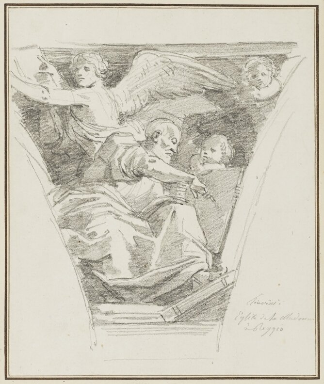 A black and white drawing features an upside-down triangular composition. A seated man points downward with his right hand towards a square object where a child rests their head. Behind him, an angel in three-quarter view points up with their right hand