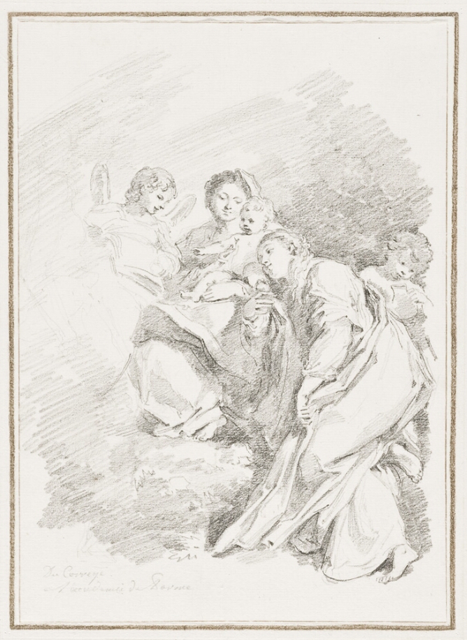 A black and white drawing of a seated woman with a smile, looking down at a baby seated on her lap. To her right, a curly-haired angel seen from the chest up gazes towards them. To her left, a woman with long hair half-kneeling, leans in towards them