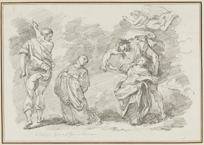 A black and white drawing of a kneeling figure in a robe, leaning back with arms crossed, while a standing man to their right raises a sword. To their left, a kneeling woman in billowy clothing is stabbed with a sword by a man standing behind her