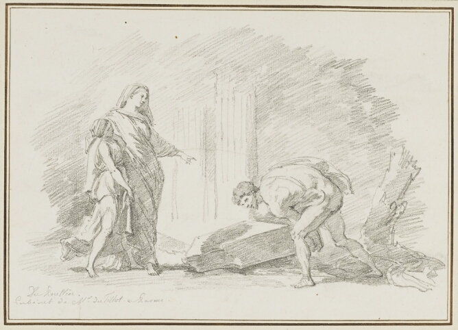 A black and white drawing of a partially nude man, bent over lifting a boulder, as a woman in draped clothing accompanied by a younger woman, points towards him