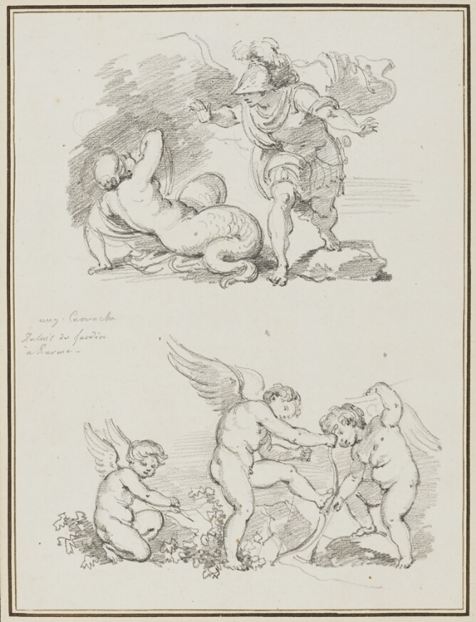 A sheet of two black and white drawings. At the top, a man wearing a helmet with arms out steps towards a half-woman creature who leans back with her left hand on the ground and her right arm over her face. Below, an angel plays with a bow with two other angels next to him