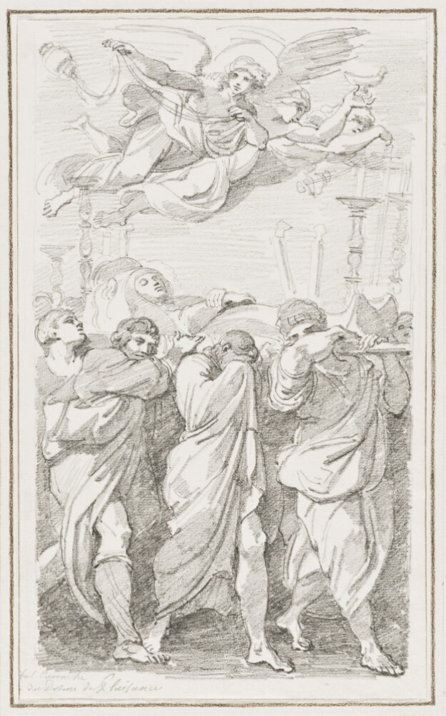 A black and white drawing of four figures carrying a body on a platform. Two of the figures are weeping as angels fly above