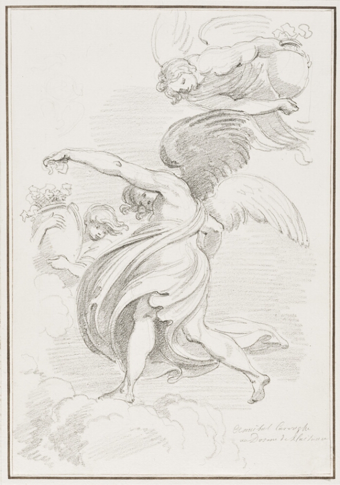 A black and white drawing of an angel in a dynamic pose with their right foot on a cloud, their body turning, and their left arm extended. An angel above and an angel to their right carry vessels towards the central angel