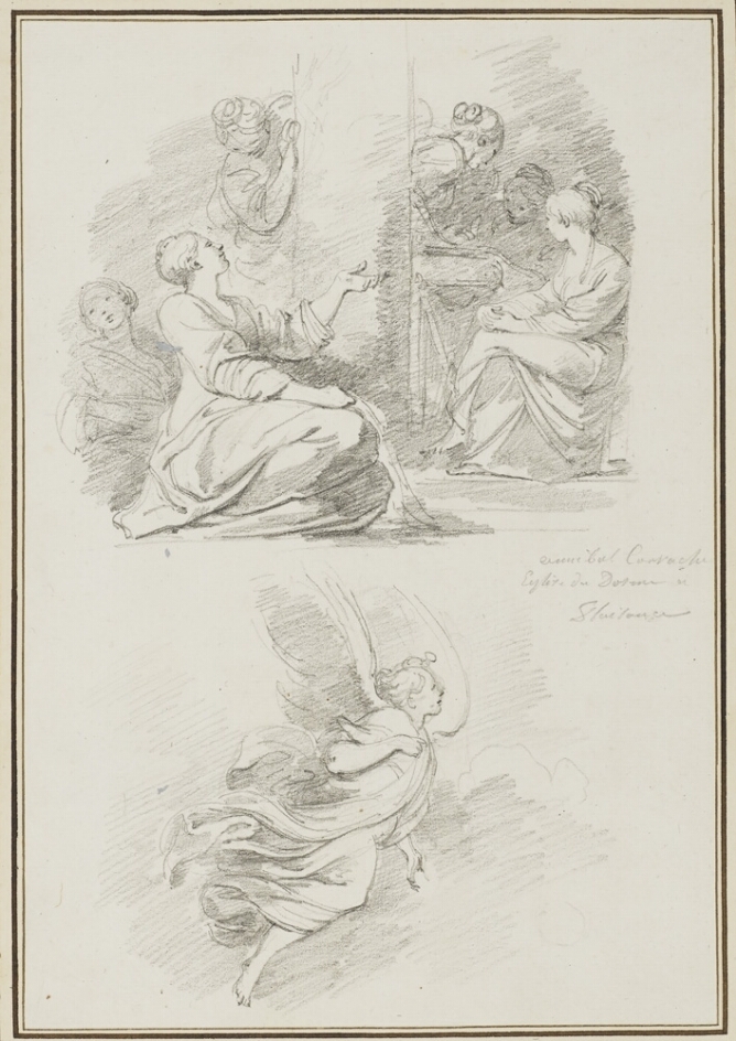 A sheet of two black and white drawings. At the top, a woman seated on her knees engages with a woman to her right peering from behind a column. On the other side of the column, women gather around a cradle-like object. Below, an angel is flying in profile view