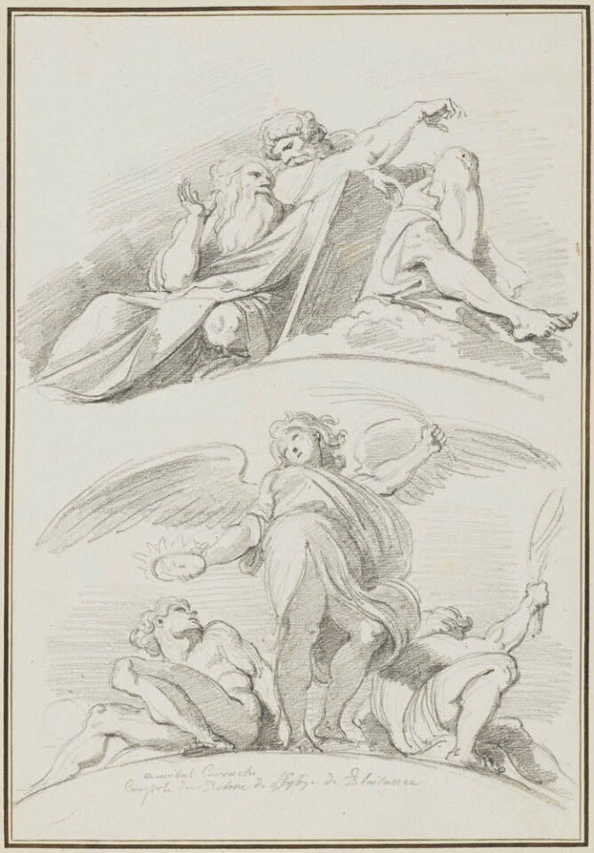 A sheet of two black and white drawings. At the top, two bearded men sit with their backs together, looking and leaning in towards each other. The man to the viewer's left rests his left hand on a rectangular object. Below, an angel stands in frontal view, holding a crown-like object in their right hand a long object in their left, with two figures seated by the angel's feet