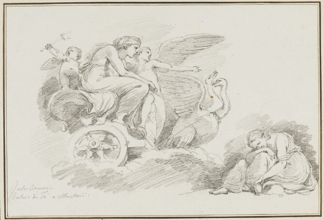 A black and white drawing of a woman seated in a chariot, holding the reins of two swans as a standing young figure points forward. To the viewer's right, a woman sits on the ground with a sad expression, resting her head on her arm over her knee