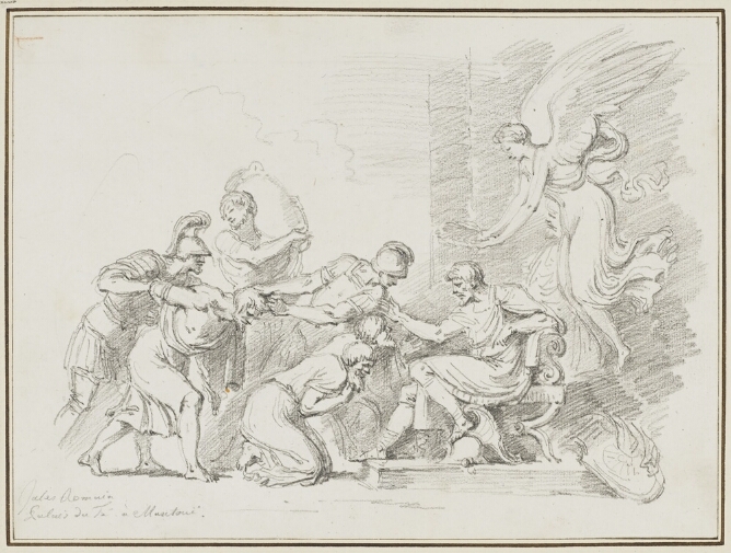 A black and white drawing of a seated man with an angel holding a wreath above his head. Men in armor approach him, pulling another man towards him