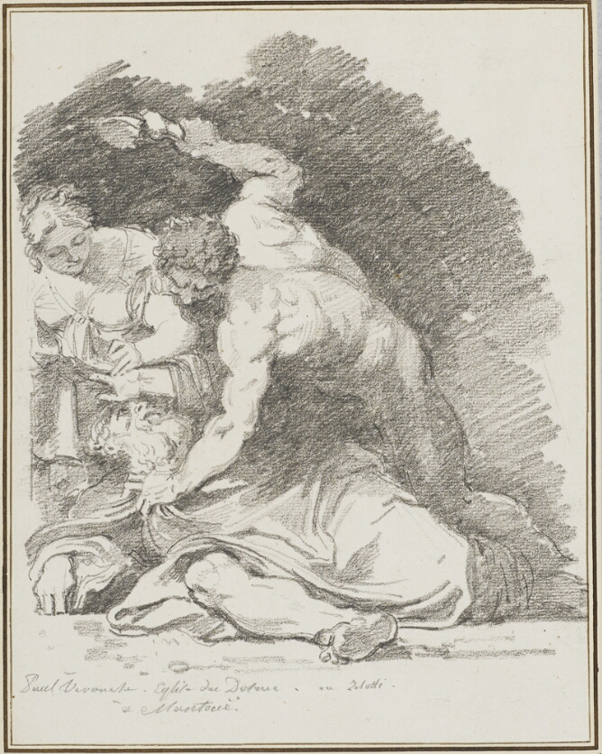 A black and white drawing of a standing man about to strike a man lying on the ground with an object. A woman holds the hand of the man on the ground