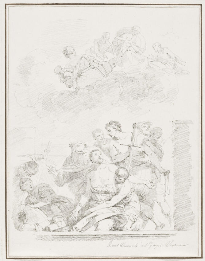 A black and white drawing of man sitting on his knees with open arms, looking up at figures in the sky while being surrounded by figures
