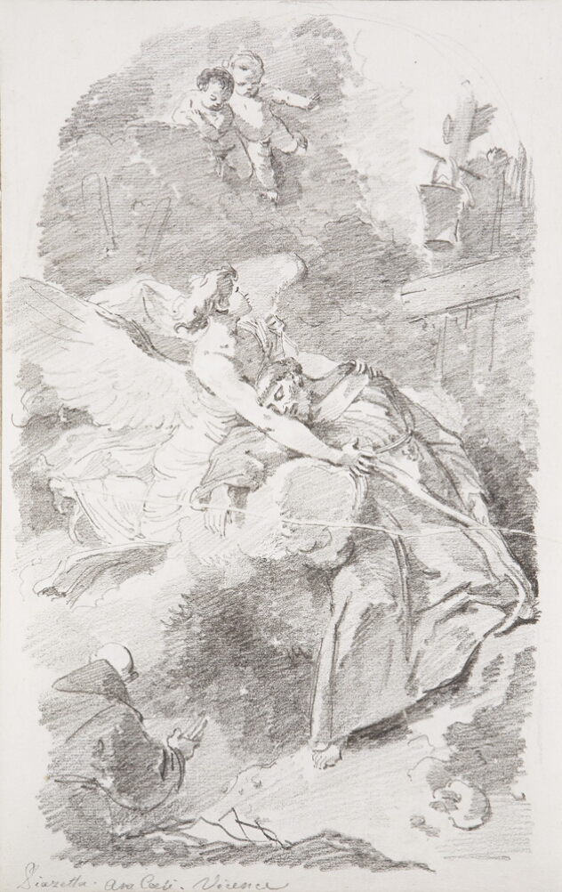 A black and white drawing of a man leaning back into the arms of an angel who looks up towards the sky
