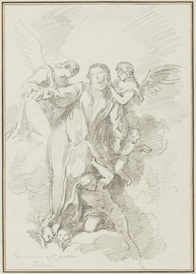 A black and white drawing of a standing woman leaning on angels that support her