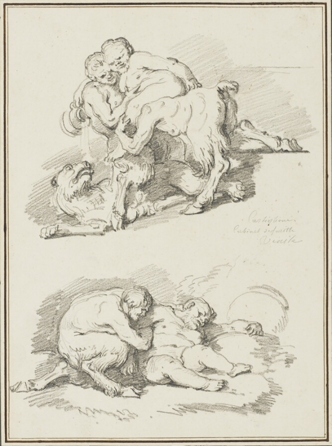 A sheet of two black and white drawings. At the top, a standing faun, holds up a figure, while another faun stands under the figure. Below, a faun crouches with their arm around a seated figure