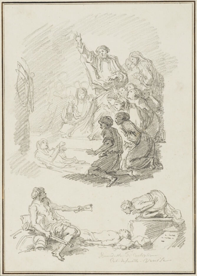 A sheet of two black and whites drawings. At the top, a group of figures witnesses another figure lying down and looking up. Below, a figure lies between two figures