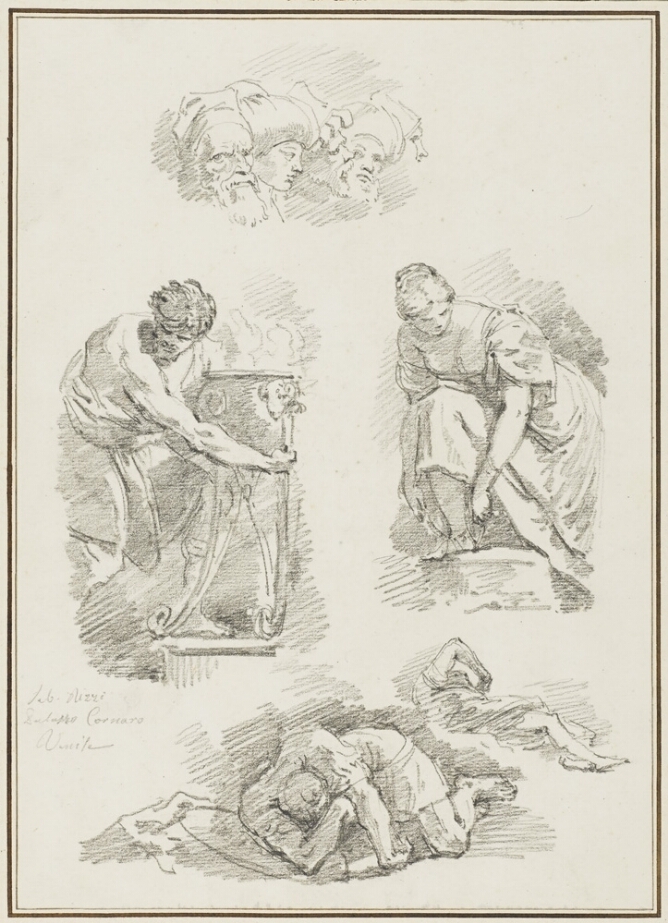 A sheet of three black and white drawings. At the top, four heads looking in different directions. Below, a man stepping onto a platform and holding a pot. Beside him, a woman ties her sandal. At the bottom, two figures lying on the ground