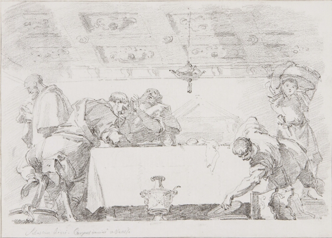 A black and white drawing of two men praying at a dining table with two bustling figures to their left