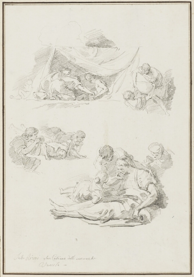 A sheet of four black and white drawings. At the top, figures sit under a canopy. Beside them, a standing figure hands a large vessel to another figure. Below, three figures are drinking. Beside them, a figure helps a seated woman drink from a cup