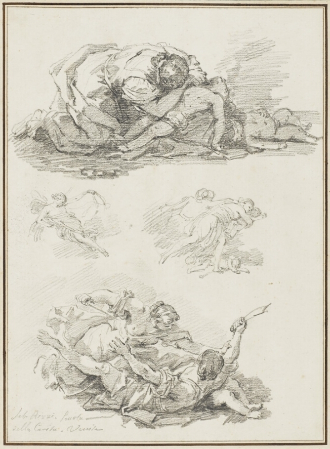 A sheet of two main black and white drawings. At the top, a woman drapes herself over a child's lifeless body, with another child's body lying next to them. Below, a woman charges over a fallen figure, both holding swords