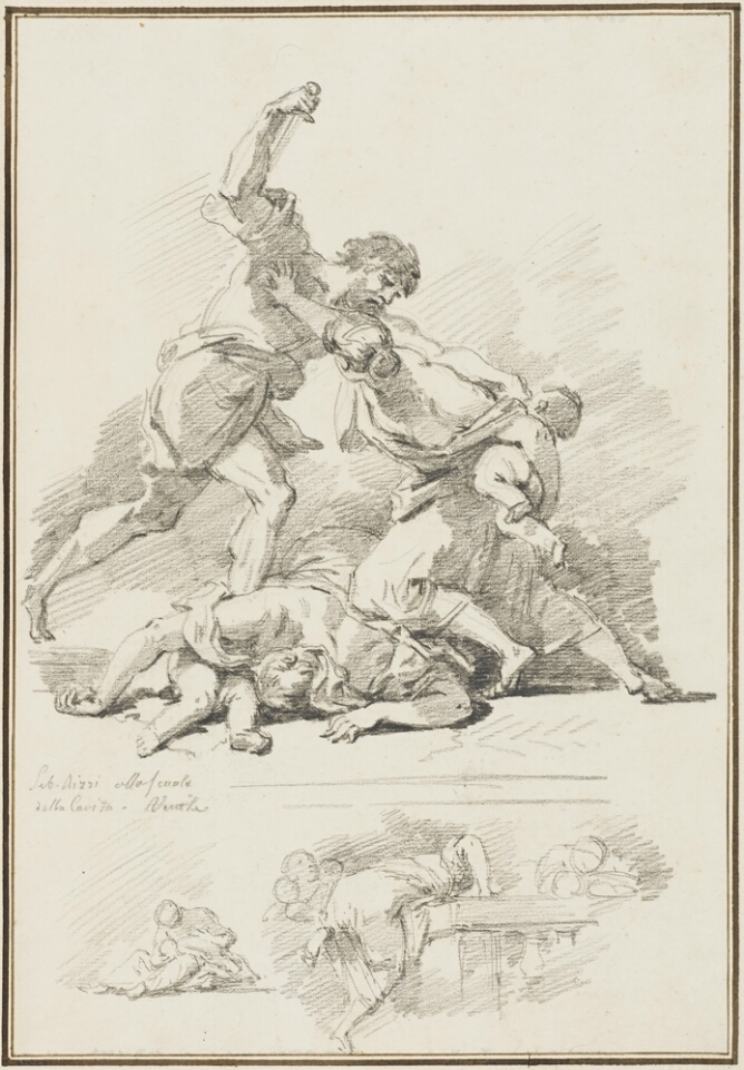 A black and white drawing of a standing woman with a baby on her back, fending off a standing man with a dagger in his hand, reaching for the baby