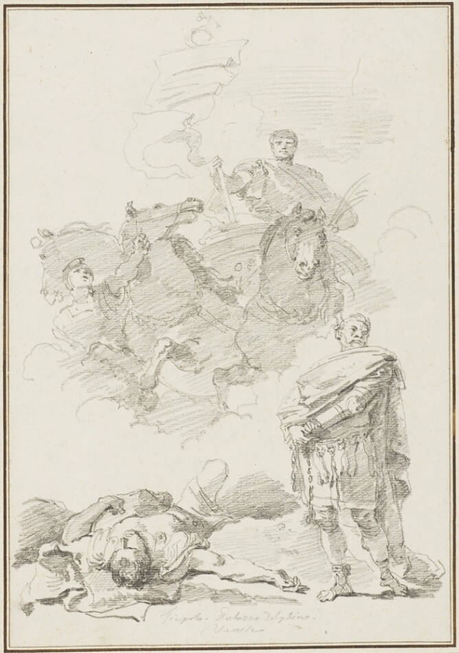 A black and white drawing of man in the sky with three horses, while below him, a man stands confidently next to a figure lying on the ground