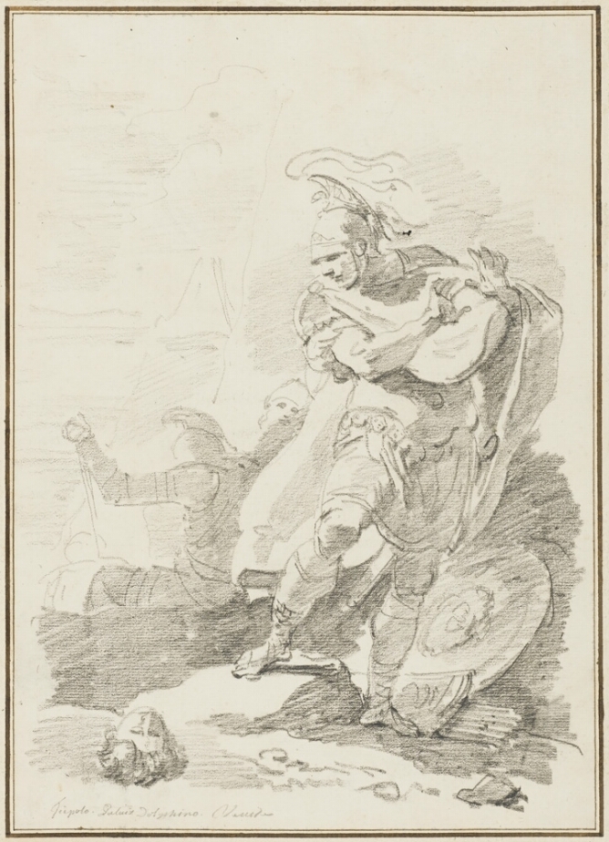A black and white drawing of a man standing with one foot on a rock, hands raised in surprise, seeing a decapitated head on the ground