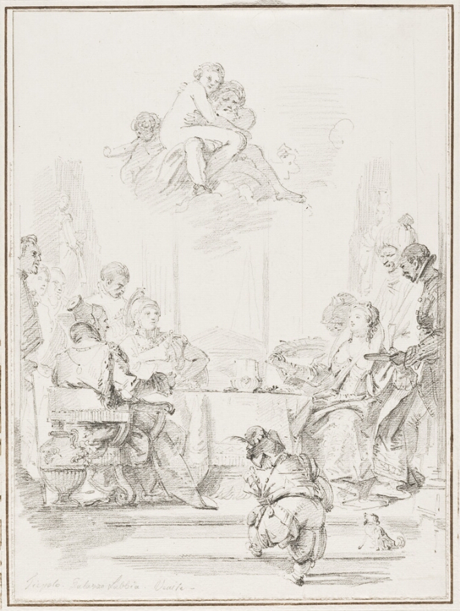 A black and white drawing of a man and women sitting at a dining table with figures around and above them