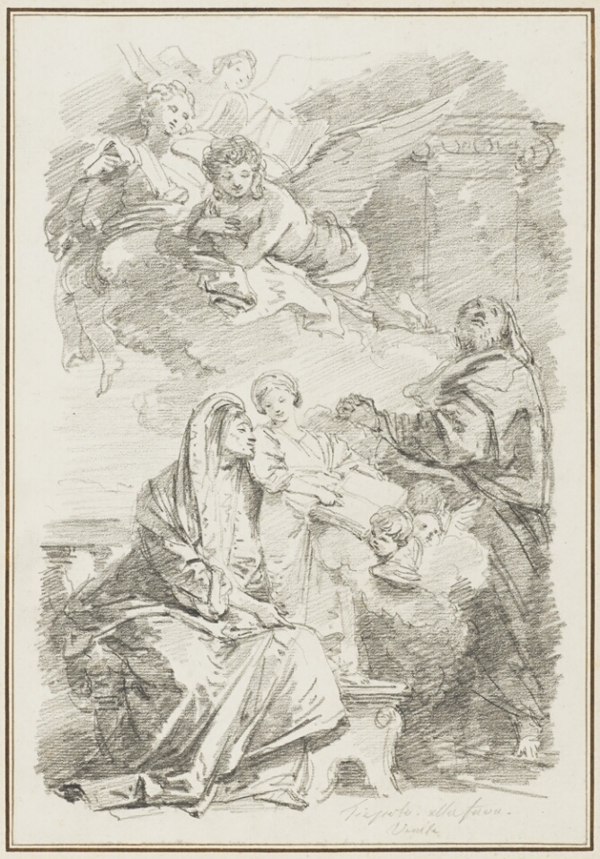 A black and white drawing of a woman sitting next to a small standing figure pointing to a book. A standing man accompanies them, while angels watch from above