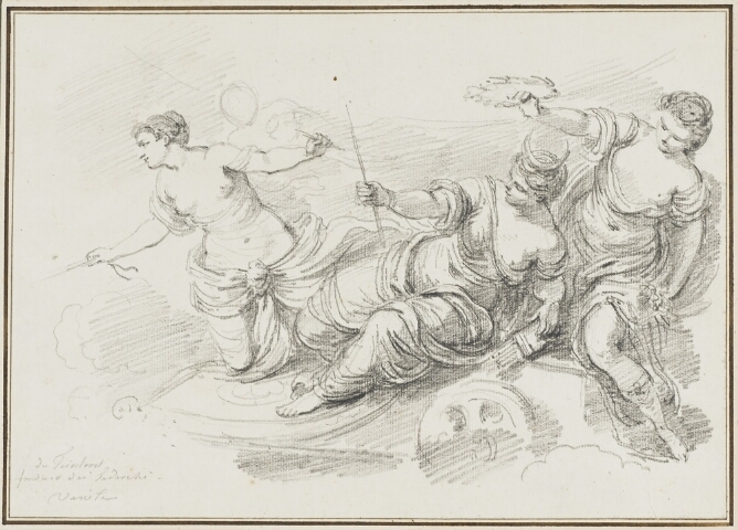 A black and white drawing of a woman holding a wreath over a reclining woman who has a crescent moon on her head and holds a stick-like object. Next to her, a woman standing on her knees holds a stick-like object in each hand