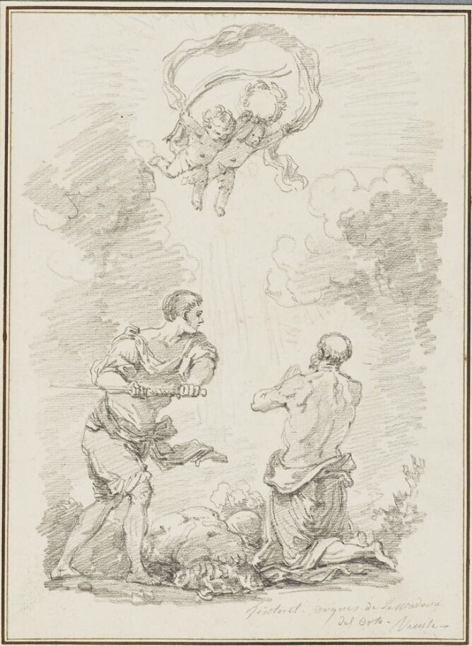 A black and white drawing of a man standing on his knees with his hands in prayer, facing upward at cherubs, while another man approaches him with a sword