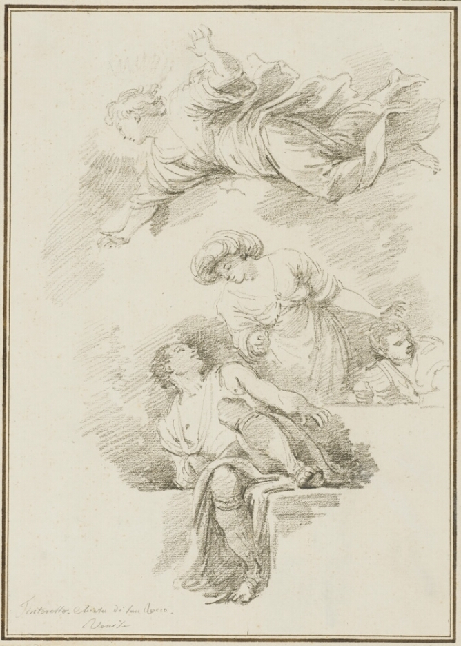 A black and white drawing of a man sitting a on step, looking up at a woman behind him, as an angel flies above them