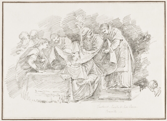 A black and white drawing of figures gathering around a man holding a baby