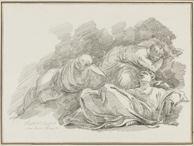 A black and white drawing of three figures lying close to each other
