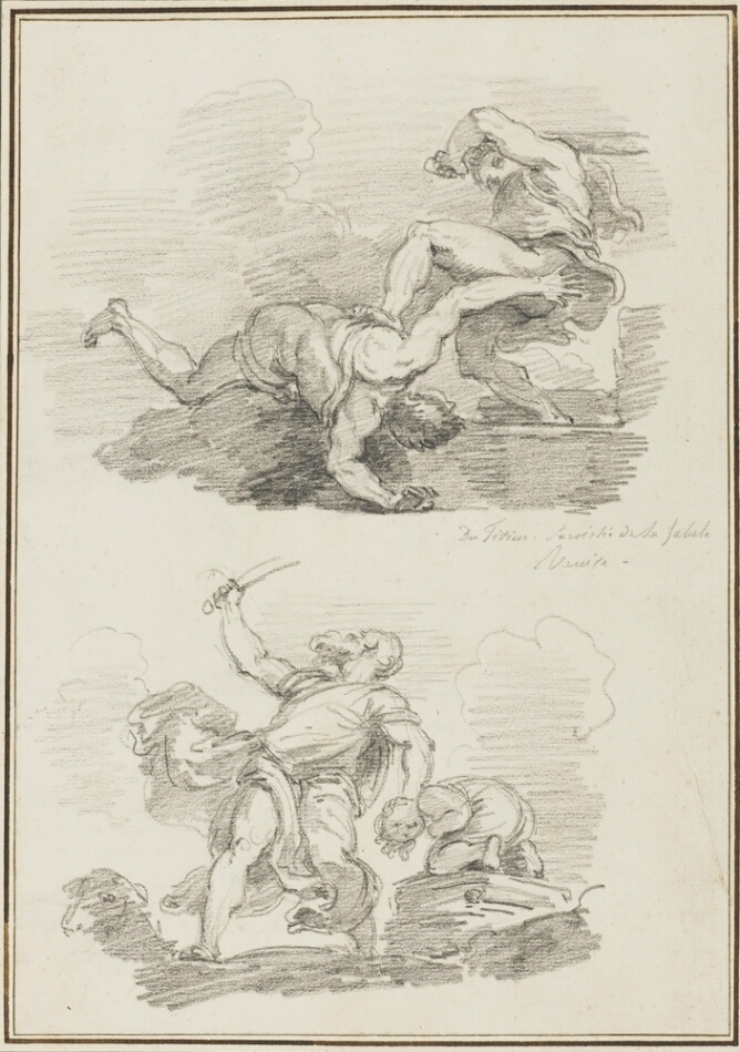A sheet of two black and white drawings. At the top, a man standing on a step kicks another man who is falling to the ground. Below, a standing man looking upwards, raising a knife with one hand and holding down the head of a kneeling boy with the other