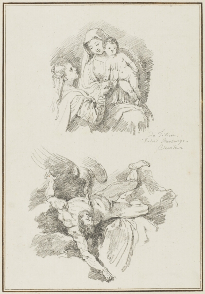 A sheet of two black and white drawings. At the top, a seated woman supports a baby standing on her lap, while a young woman hands the baby a circular object. Below, a bird bites into a falling man's chest