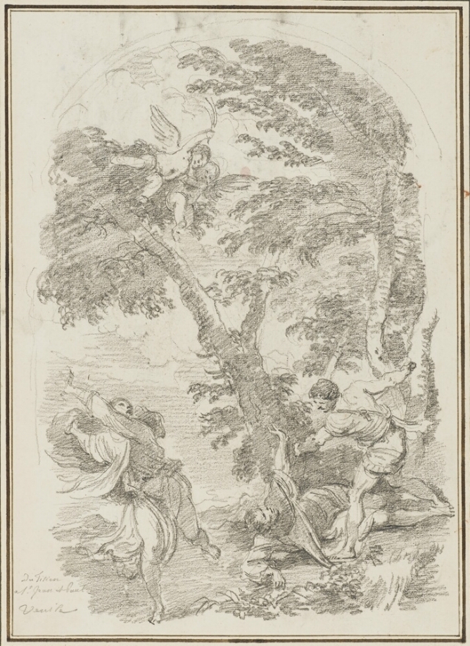 A black and white drawing set in nature of a man charging over another man lying on the floor with his arm raised, while another figure runs away in terror