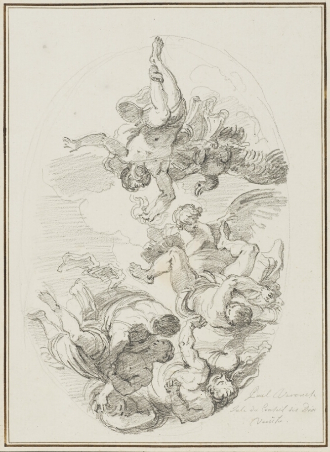 A black and white drawing of figures tumbling in the sky. Among them is a bird and a winged figure