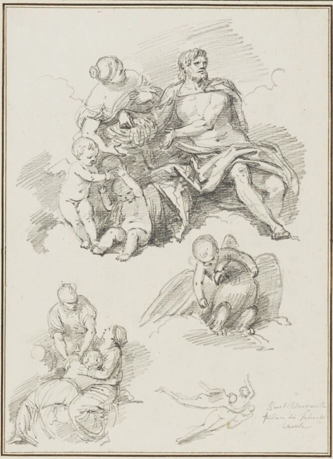 A sheet of three black and white drawings. At the top, a man and a woman seated with two winged children. Below, a winged child on top of a bird. At the bottom left, two seated figures with their arms around each other look up at another figure