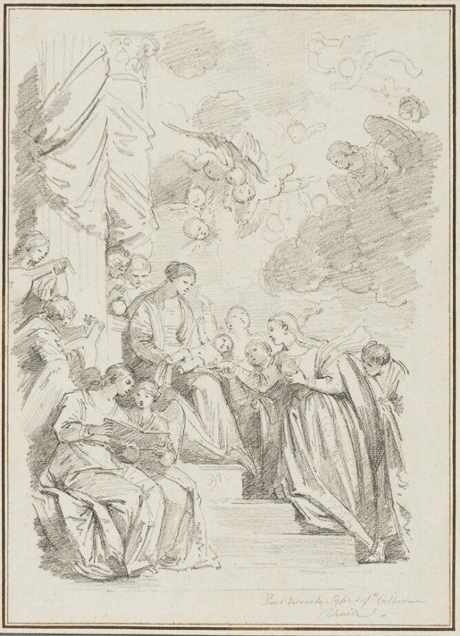 A black and white drawing of a woman seated on a platform with a baby in her lap, while another woman approaches them and touches the baby. Figures witness, while angels watch from above
