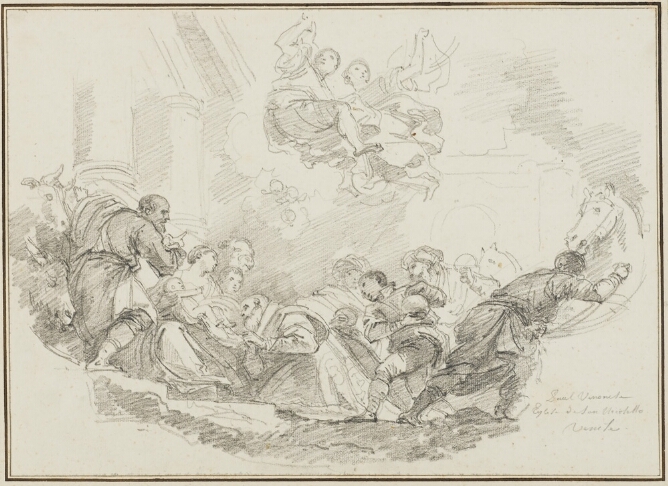 A black and white drawing of figures approaching a seated woman holding a baby