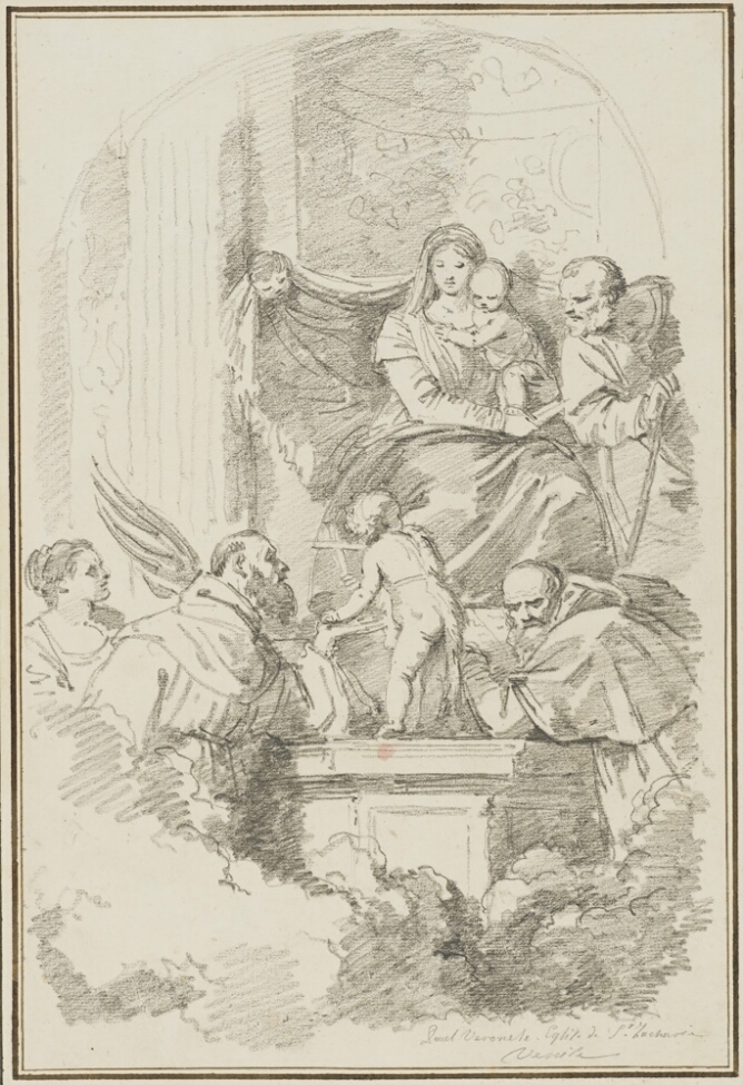 A black and white drawing of a woman seated on a platform, holding a baby, accompanied by a man. Below them, a child stands holding a cross with two figures beside him