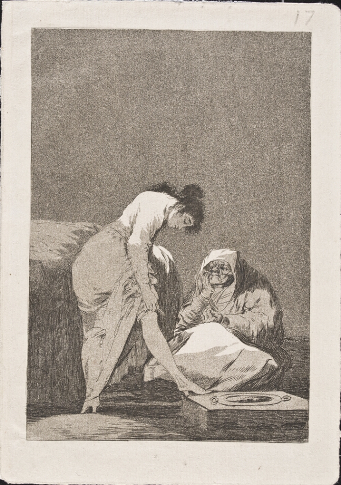 A black and white print of a standing young woman showing her leg to a seated older woman