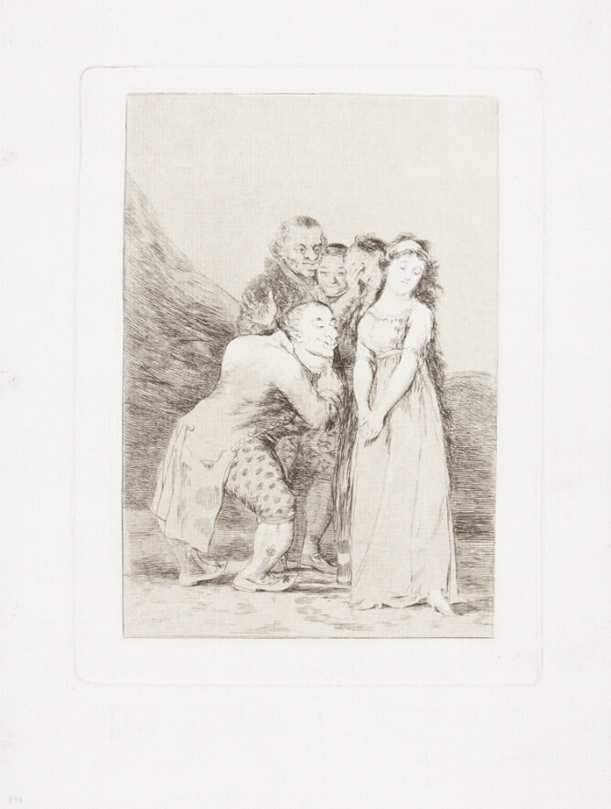 A black and white print of a man with a hunchback looking down at a standing woman, with figures standing next to her