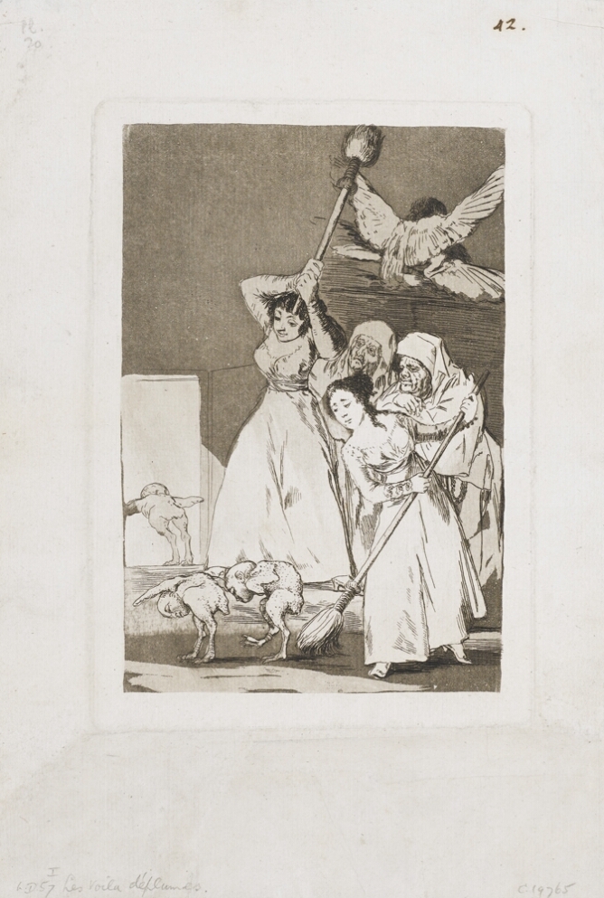 A black and white print of two standing young women shooing away walking birds with human heads using brooms, as two older women stand next to them and watch